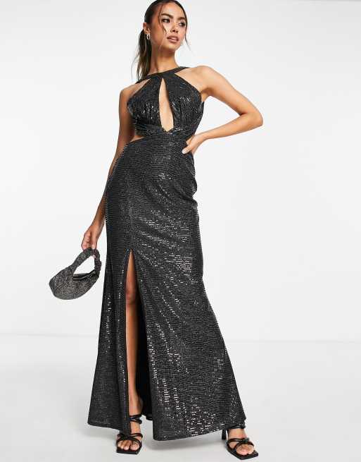 Little Mistress cross front maxi dress with side split in black | ASOS