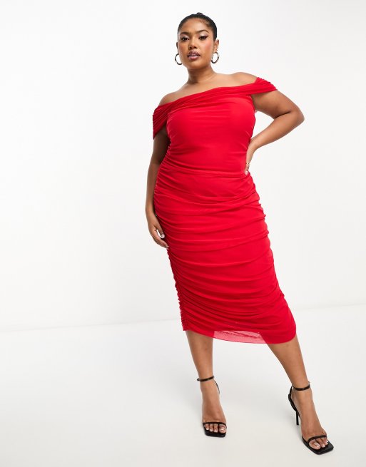 Little Mistress Curve bardot midi dress in red | ASOS