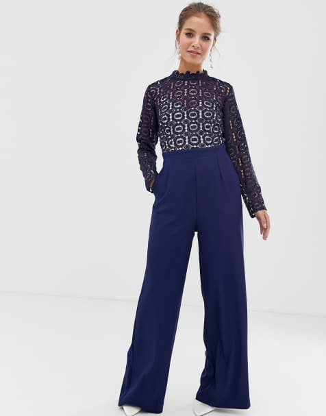 Little Mistress cutwork lace top jumpsuit in navy