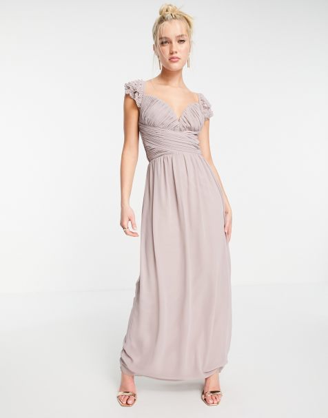 Little Mistress embellished flutter sleeve twist waist maxi dress in oyster grey