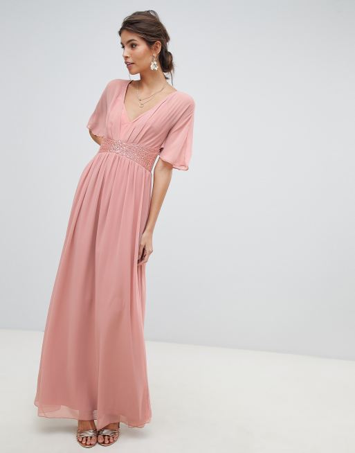 Little Mistress embellished waist and angel sleeve v neck maxi dress