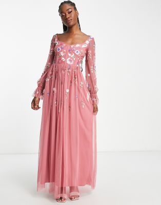 Little Mistress Embroidered Corset Detail Maxi Dress In Pink