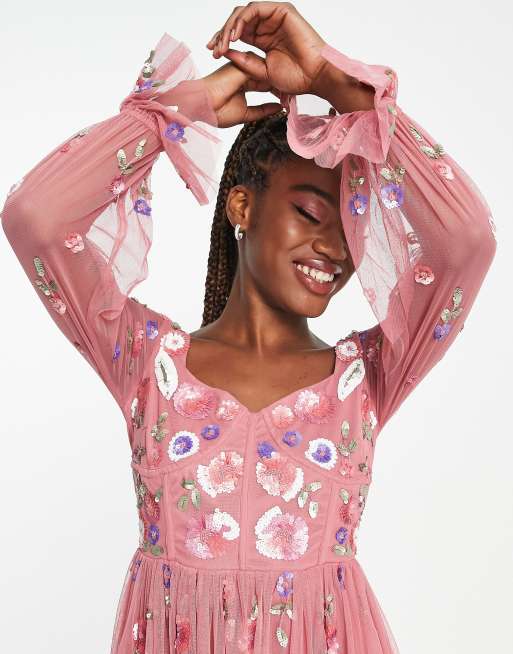 Asos pink embroidered dress online