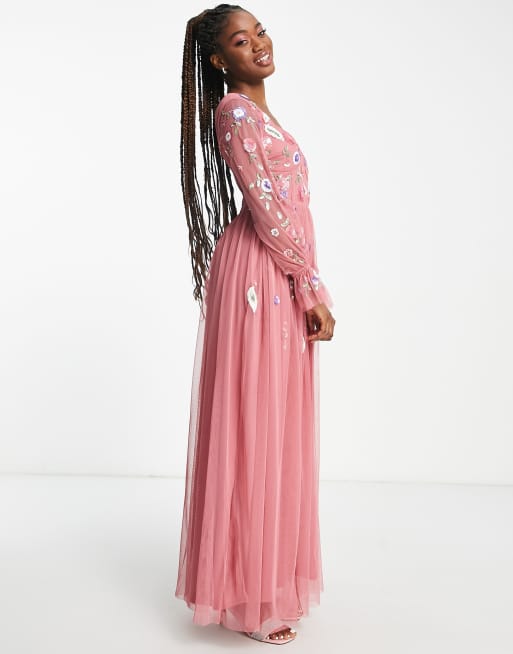 Little Mistress embroidered corset detail maxi dress in pink