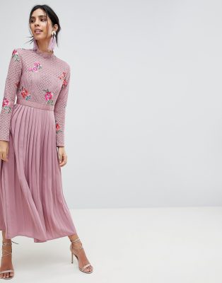 little mistress embroidered lace top midaxi dress with pleated skirt