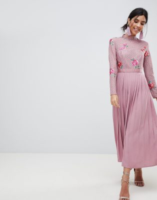 little mistress embroidered lace top midaxi dress with pleated skirt