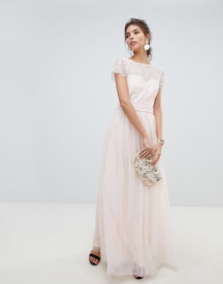 Little Mistress eyelash lace top and mesh skirt maxi dress with detachable belt-Pink