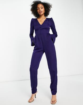 Little Mistress Flared Sleeve Jumpsuit In Blue-blues