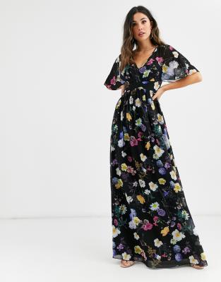 Little Mistress floral kimono maxi dress-Multi