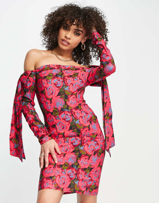 Floral bardot cheap bodycon dress