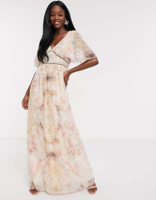 little mistress pleated maxi dress in floral print in cream multi