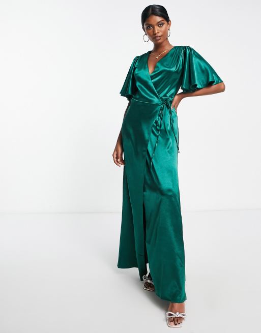 Little Mistress flutter sleeve satin maxi dress in emerald green