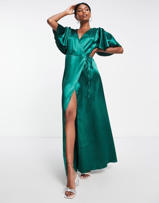 Women's Flutter Sleeve Satin Maxi Dress, Women's Clearance