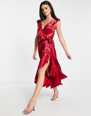 Little Mistress frill wrap dress in autumn red