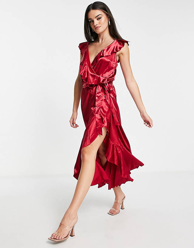 Little Mistress - frill wrap dress in autumn red