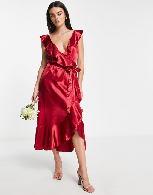 Red frill best sale wrap dress