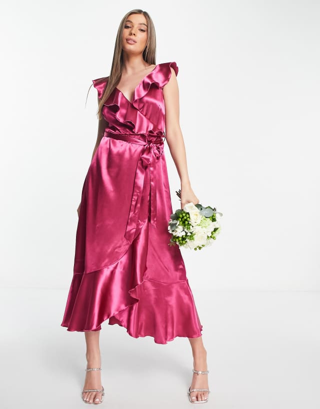 Little Mistress frill wrap dress in fuchsia pink