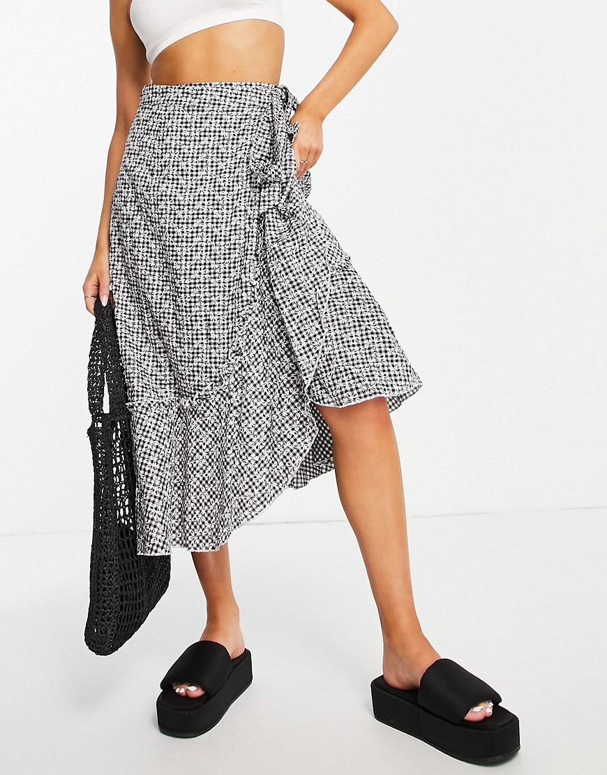 Little Mistress front midi skirt in embroidered gingham - part of a set-Multi