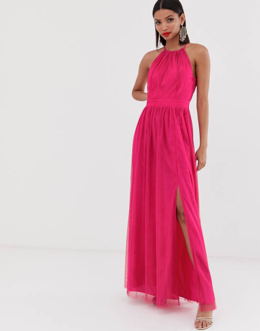 Little Mistress gathered neck pleated maxi dress in fuschia | ASOS