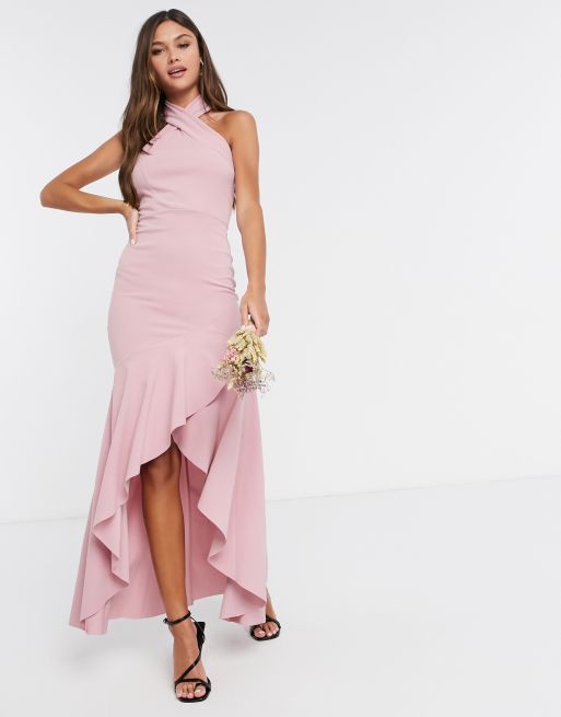 Little Mistress halterneck fishtail bridesmaid dress in light pink