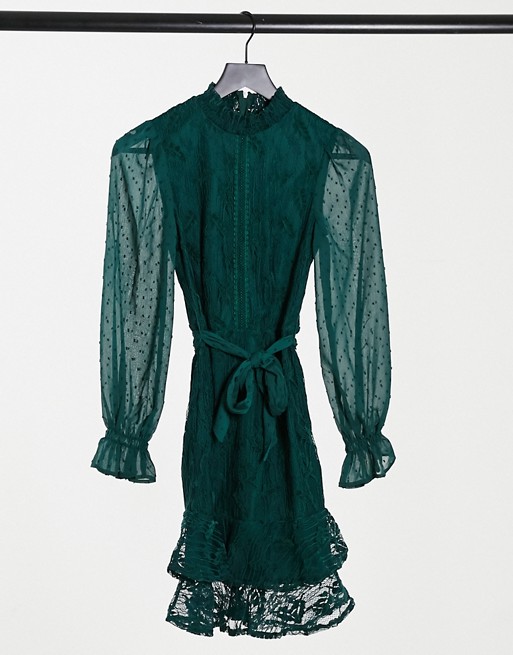 Little Mistress high neck long sleeve lace mini dress with tie belt in emerald green