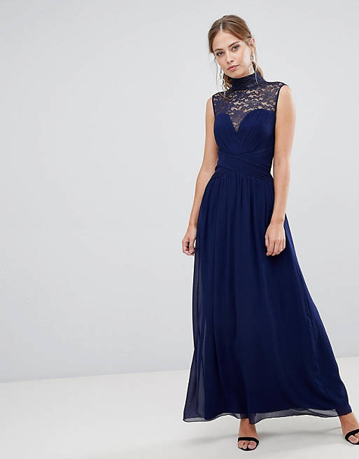 Little Mistress high neck maxi dress with gathered bust and gold foiled ...