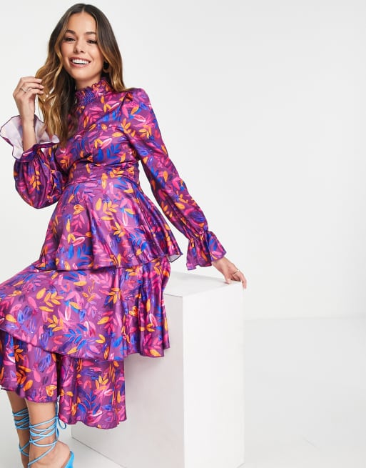 little mistress purple maxi dress Little Mistress high neck maxi dress with ruffles in dark floral