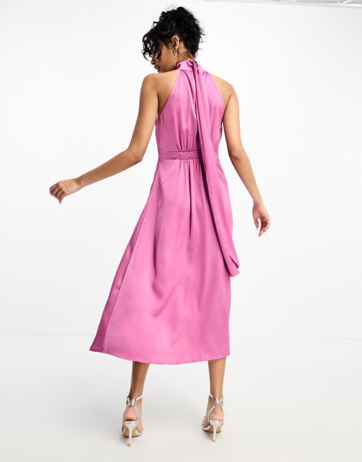 Little Mistress high neck midi dress in pink ASOS