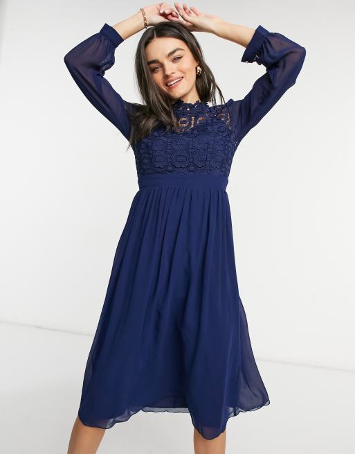 Little Mistress high neck pleated midi dress in navy | ASOS