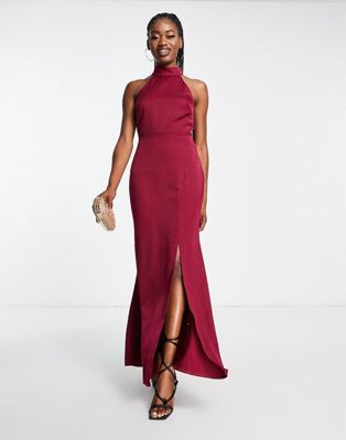 high neck satin maxi dress in wine red-Pink