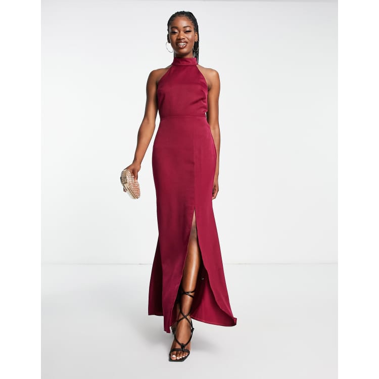 Little Mistress high neck satin maxi dress in wine red