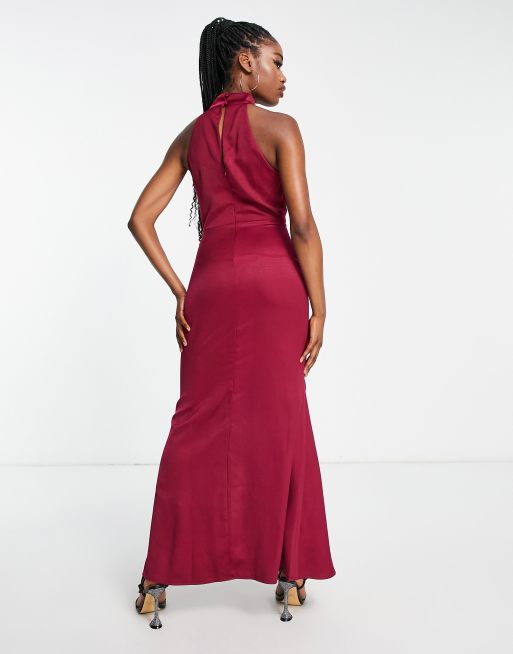 High Neck Backless Maxi Bridesmaid Dress With Slim Belt In Champagne