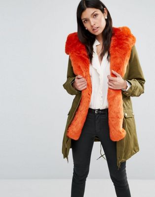 contrast lined faux fur hood parka coat