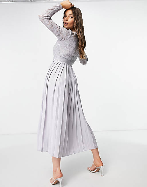 Dresses Little Mistress keyhole twist detail lace skater dress with pleated skirt in grey 