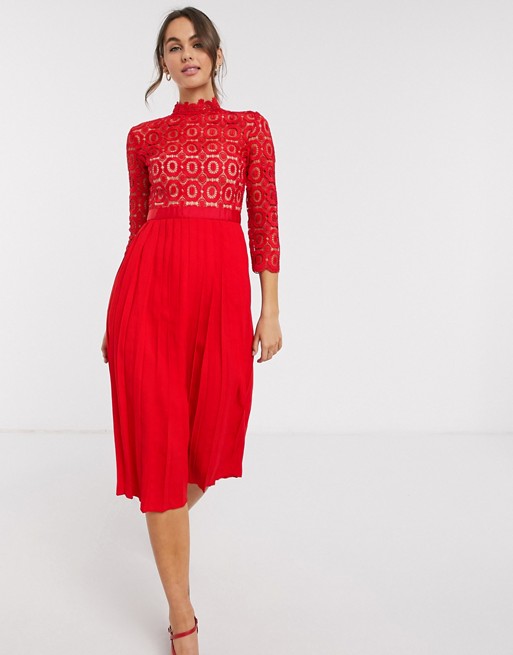 Little Mistress lace and pleat skater dress in red
