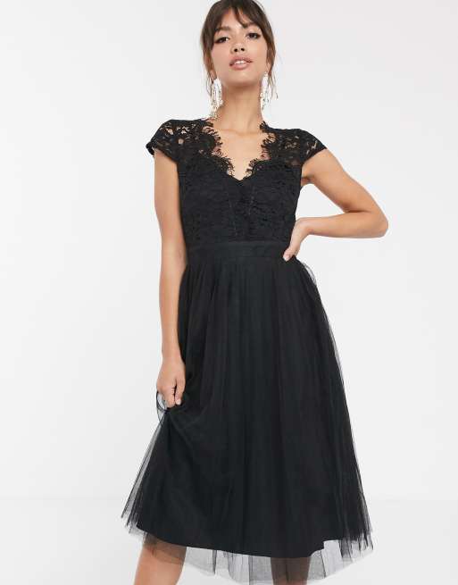 Little Mistress lace cap sleeve skater midi dress | ASOS