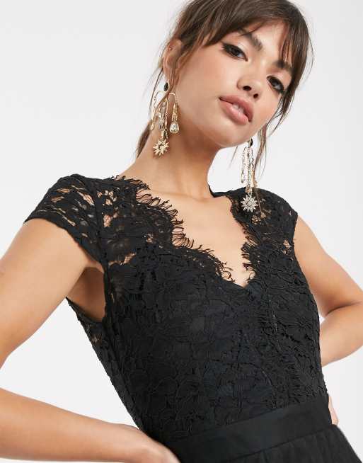 Little Mistress lace cap sleeve skater midi dress