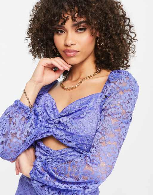 Little Mistress lace cut-out detail midi bodycon dress in lavender | ASOS