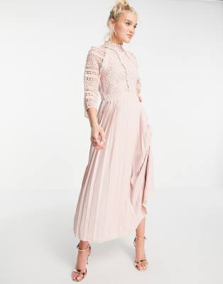 Little Mistress lace detail midaxi dress in blush-Pink