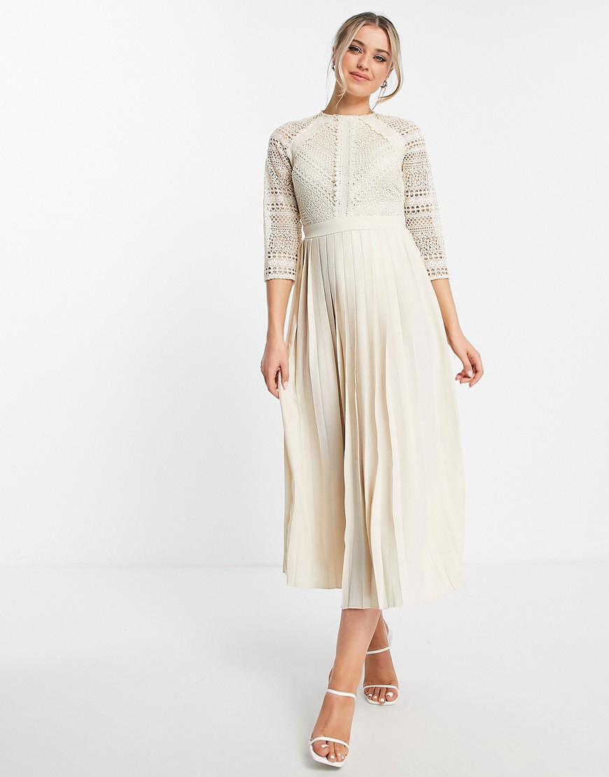 lace detail midaxi dress in cream-White