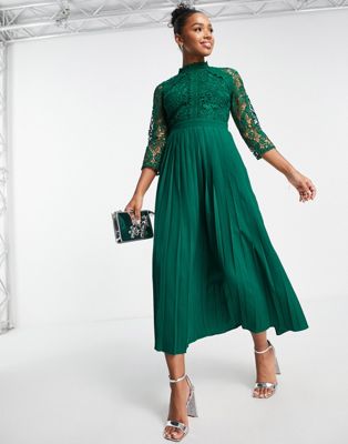lace detail midaxi dress in emerald green