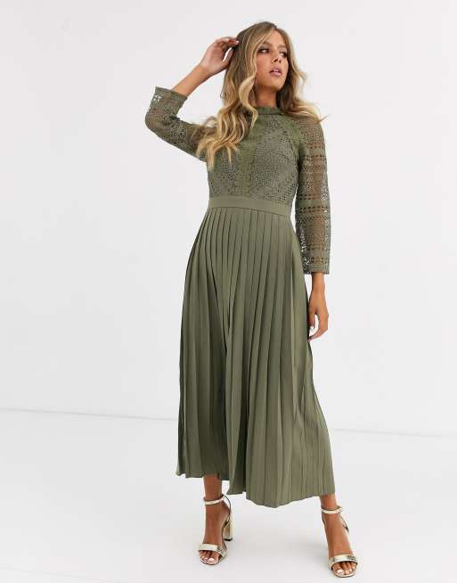 Little Mistress lace detail midaxi dress in khaki | ASOS