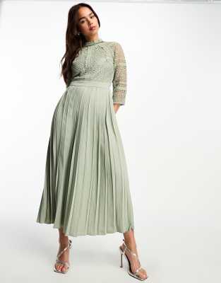 Little Mistress Lace Detail Midaxi Dress In Sage Green