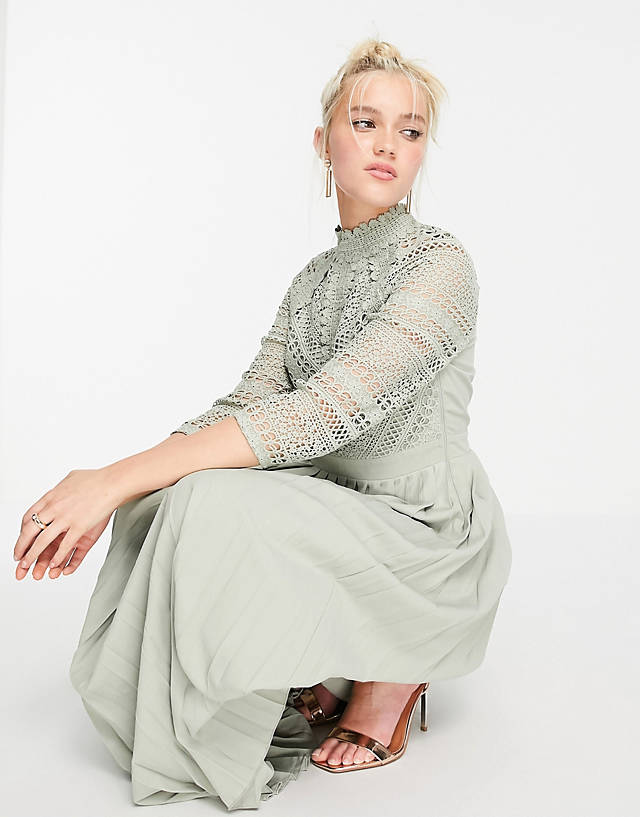 Little Mistress - lace detail midaxi dress in sage green