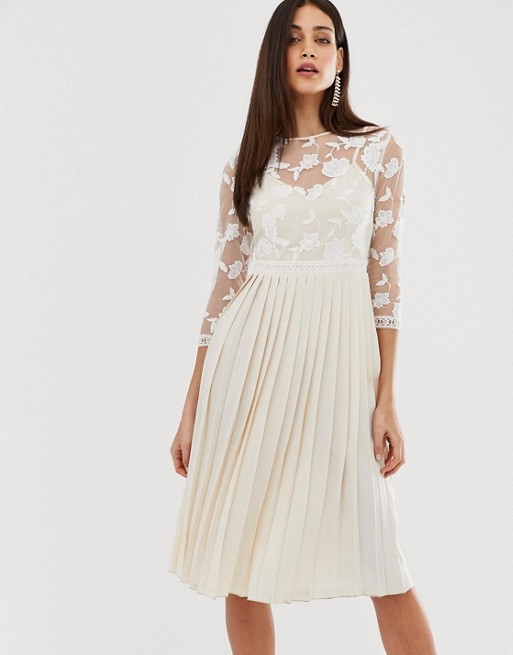 Little Mistress lace embroidered top midi dress in cream