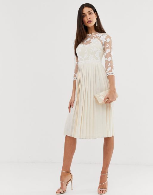 Cream lace midi shop dress with sleeves