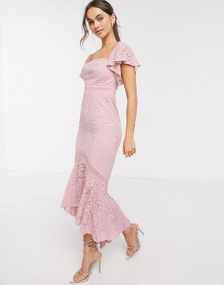 pink lace fishtail maxi dress