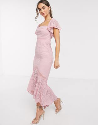 pink lace fishtail maxi dress