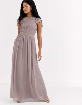 Little Mistress lace insert drape maxi dress in oyster-Brown