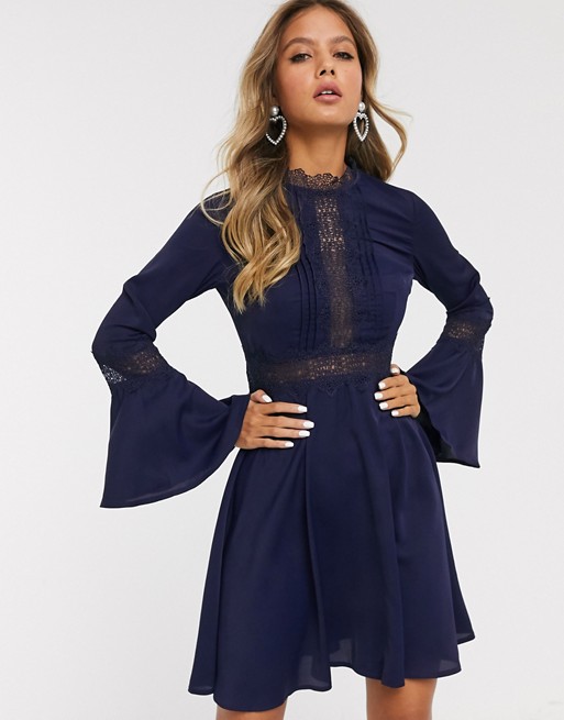 Little Mistress lace insert mini dress with flared sleeve in navy